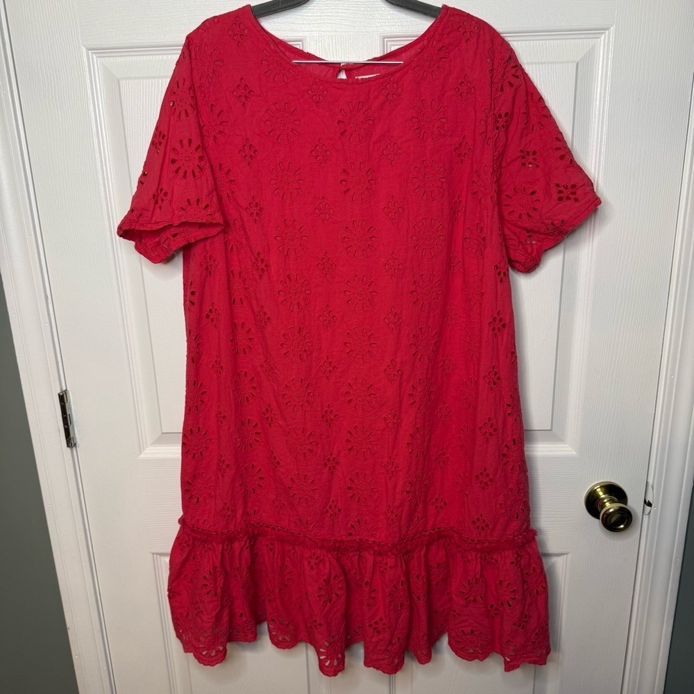 Anthropologie Dani Eyelet Lace Crochet Pink Ruffle Tunic Plus Size Dress 18W GUC